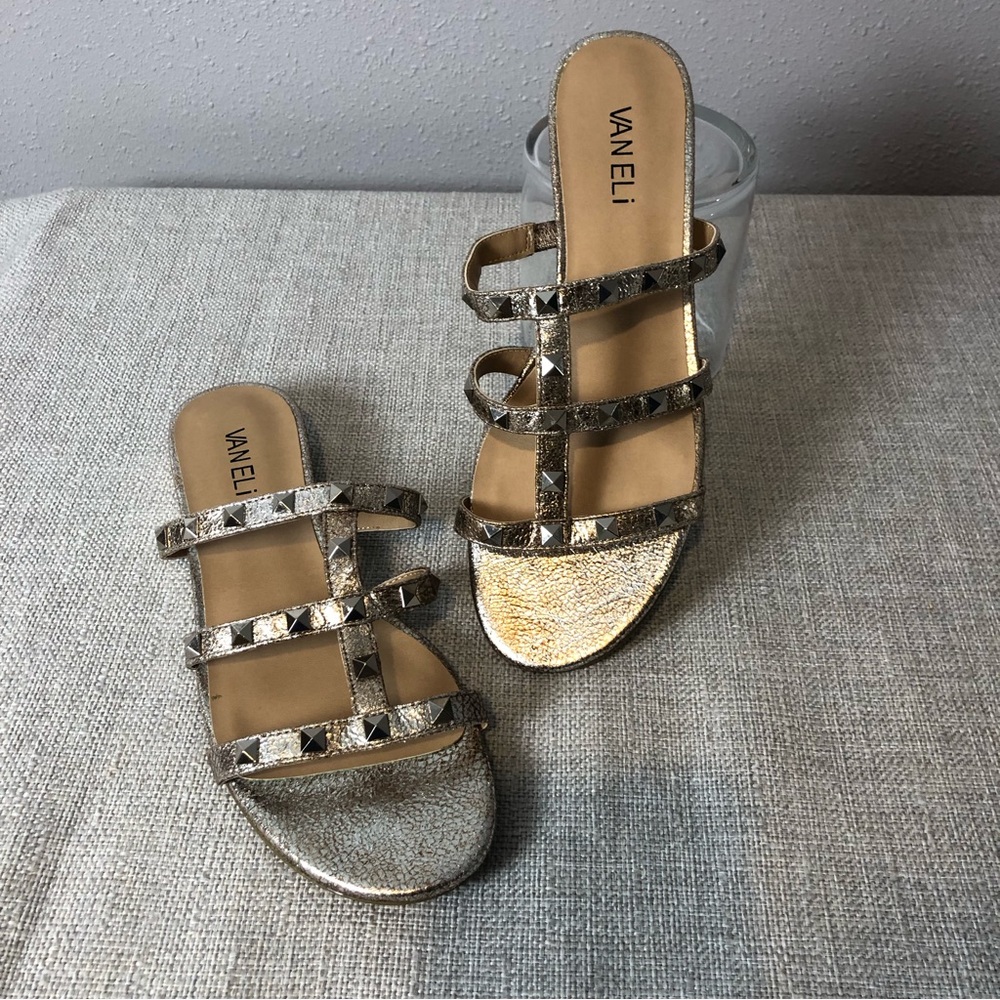 Vaneli Sandals size 7.5N slight wedge gold bejeweled